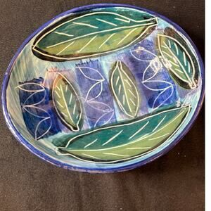 Vintage Handmade Pottery Bowl with Leaves - 9 inch Oval
